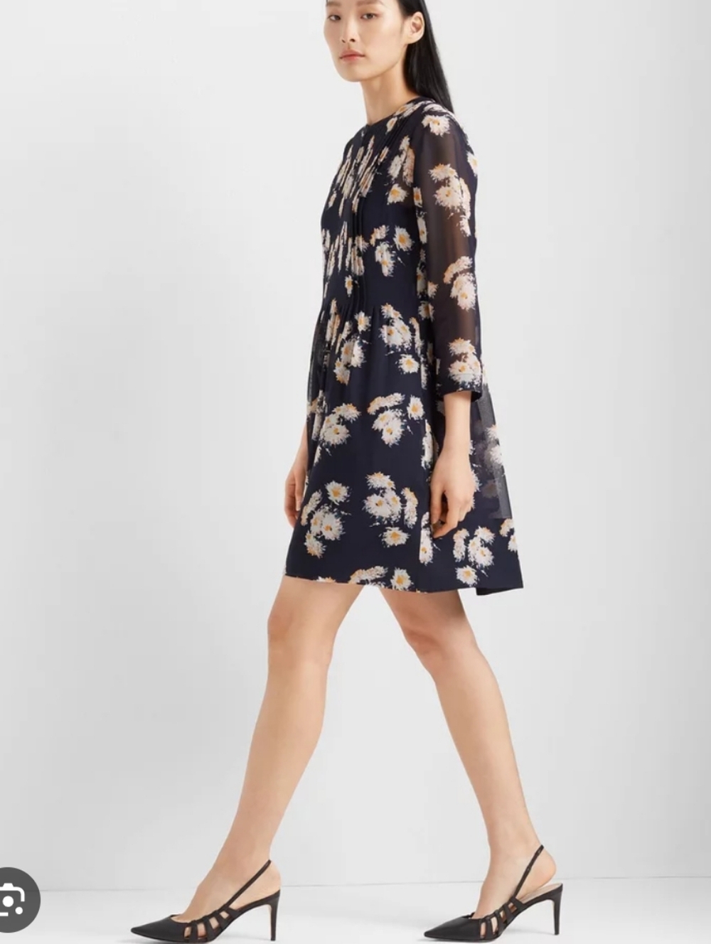 Club Monaco SILK‎ Navy Floral Long-Sleeve A-Line Dress
